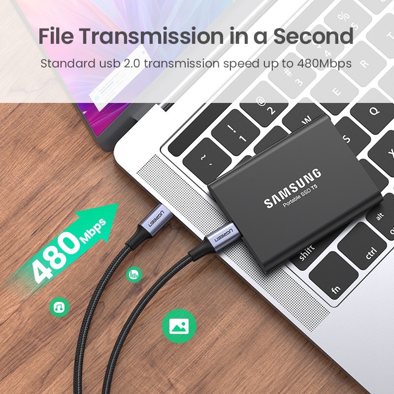 Cáp dữ liệu USB C ,truyền dữ liệu từ máy tính ra điện thoại, dài 1M màu xám Ugreen ( 50150) hàng chính hãng