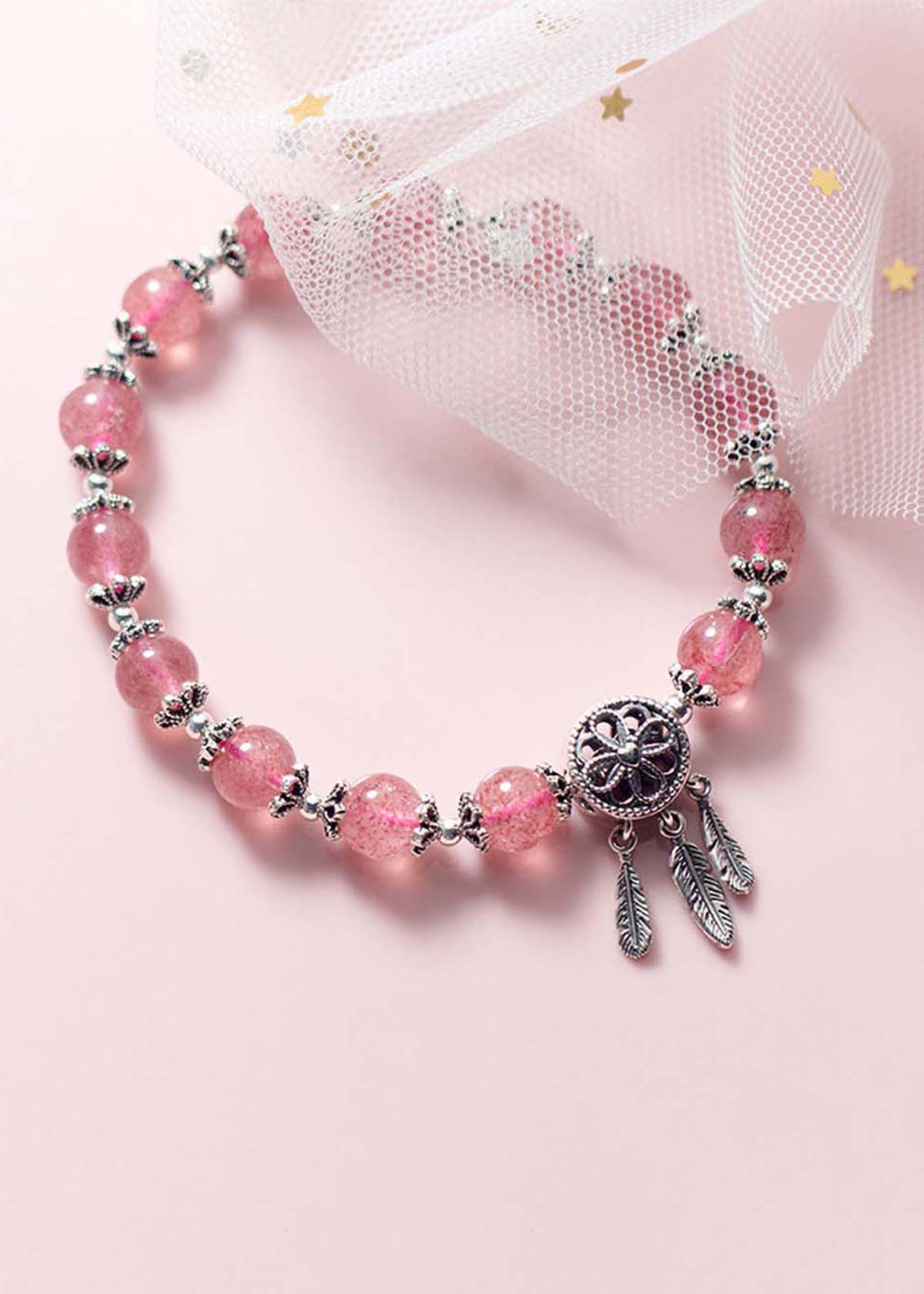 Vòng tay đá thạch anh dâu phối Dreamcatcher mệnh hỏa, thổ - Ngọc Quý Gemstones