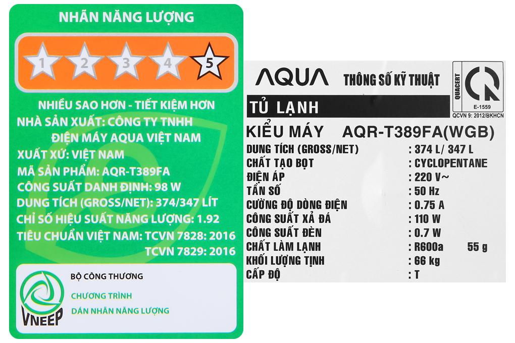 Tủ lạnh Aqua Inverter 344 lít AQR-T389FA(WGB) - Hàng chính hãng - Giao toàn quốc