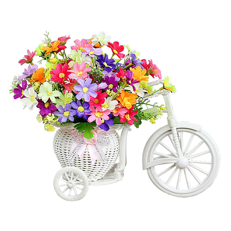 Giỏ hoa xe đạp trang trí kệ tủ độc đáo, bông giả cắm sẵn nhiều mẫu – giỏ cắm hoa cúc nhiều màu