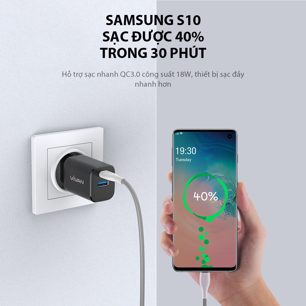 Cốc Sạc Nhanh VIVAN Power Super 30 Công Suất 30W 2 Cổng USB &amp; Type-C Sạc Nhanh Chuẩn QC 3.0 PD Kèm cáp Type-C - Hàng Chính Hãng