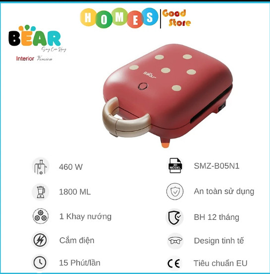 Máy Nướng Bánh Mỳ, Máy Kẹp Bánh Mỳ Sandwich-Waffle 2 Khay BEAR SMZ-B05N1 Công Suất 450 W - Hàng Chính Hãng