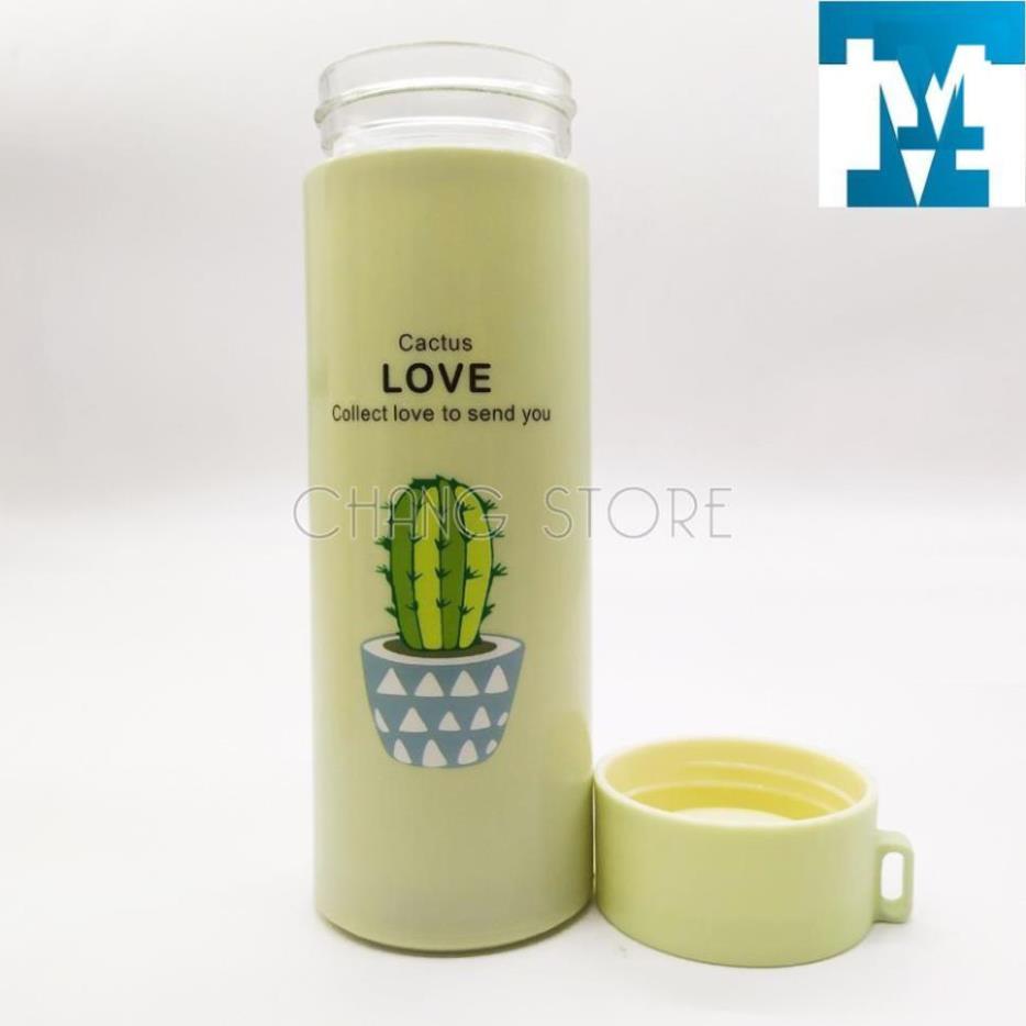 Bình Giữ Nhiệt Thủy Tinh Bọc Nhựa Lúa Mạch 450ml Họa Tiết Xương Rồng, Chống Va Đập, Có Dây Xách Tiện Dụng
