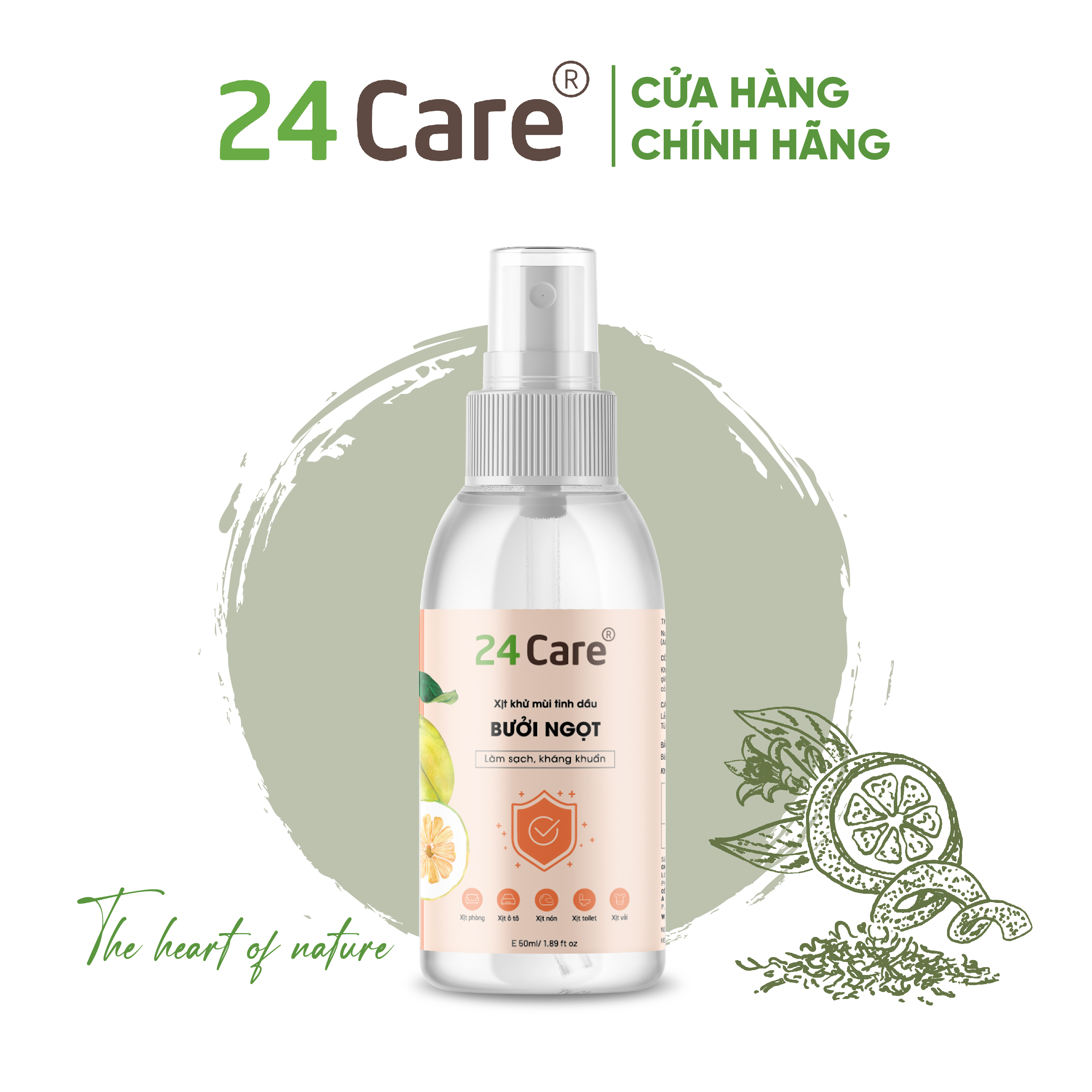 Xịt Phòng Tinh Dầu Bưởi Ngọt Hữu Cơ Organic 24Care 50ML/100ML - Kháng khuẩn - Khử mùi hôi - Đuổi muỗi, côn trùng - Xịt không gian bàn ăn, giúp ăn ngon miệng hơn - Hương thơm thư giãn.