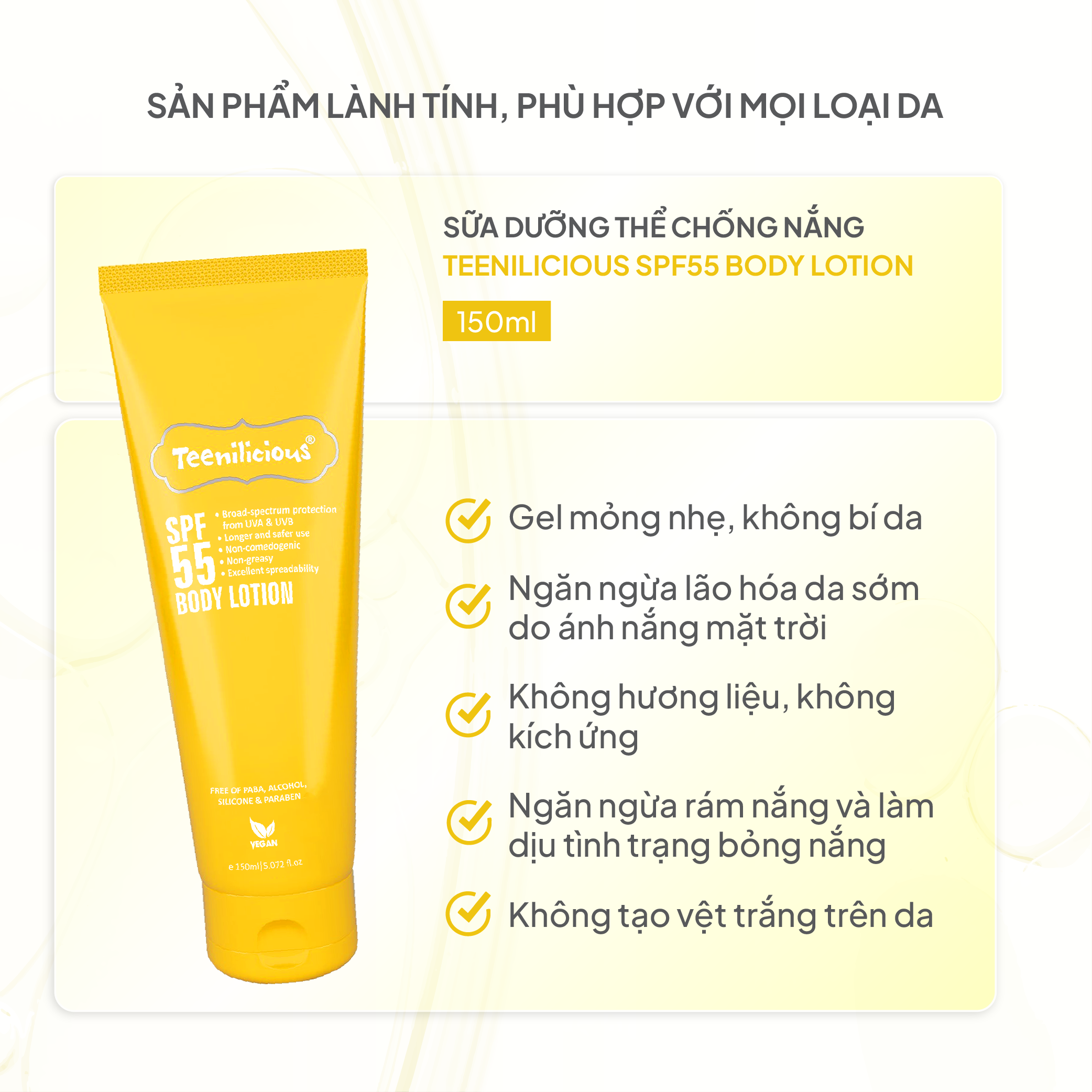  [Mini Size] Sữa Dưỡng Thể Chống Nắng Teenilicious SPF55 Body Lotion 15ml, PA+++, Dành Cho Da Dầu Và Nhạy Cảm 