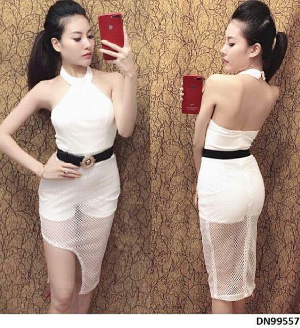 Đầm yếm hở lưng phối lưới