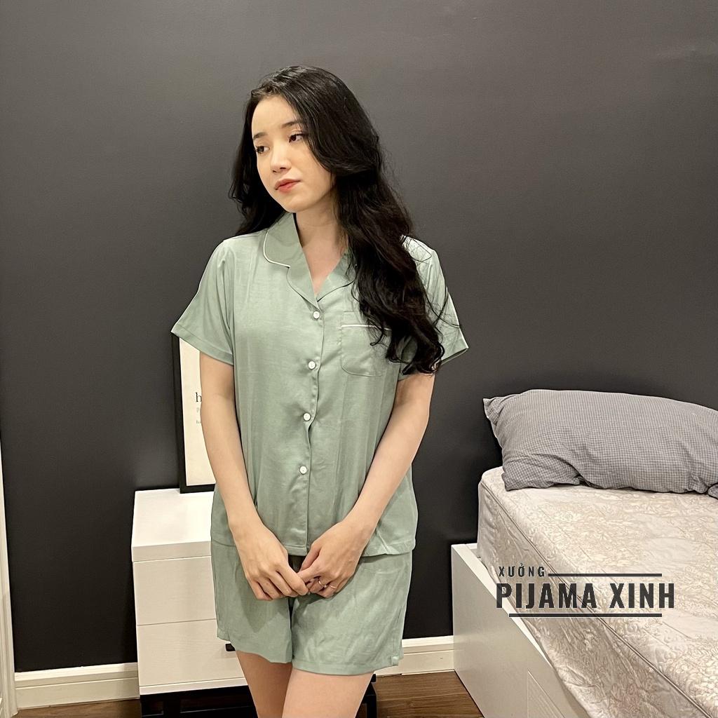 BỘ PIJAMA NỮ MẶC NHÀ - Màu Xanh Pastel Chất Lụa Đũi Mềm Đồ Áo Cộc quần Dài