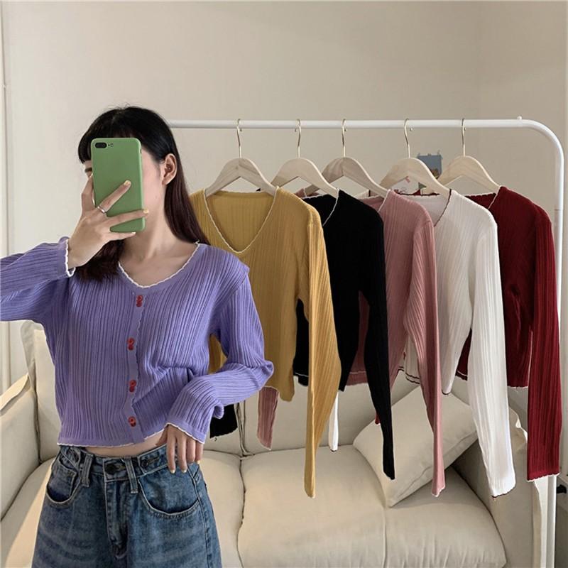 Áo Dệt Kim Tay Dài Cổ Chữ V Phong Cách Hàn Quốc