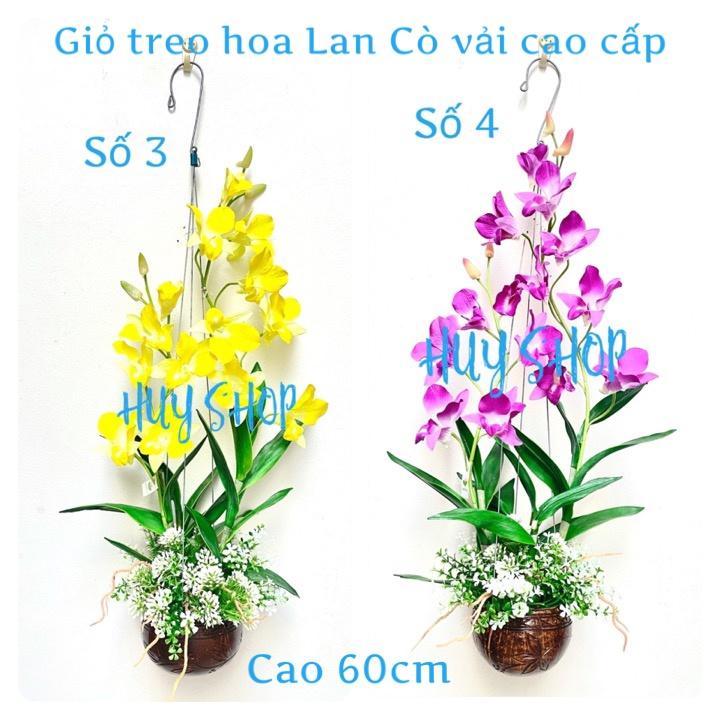 Giỏ gáo dừa Hoa LAN CÒ (cao 60cm) Vải cao cấp trang trí treo trần nhà