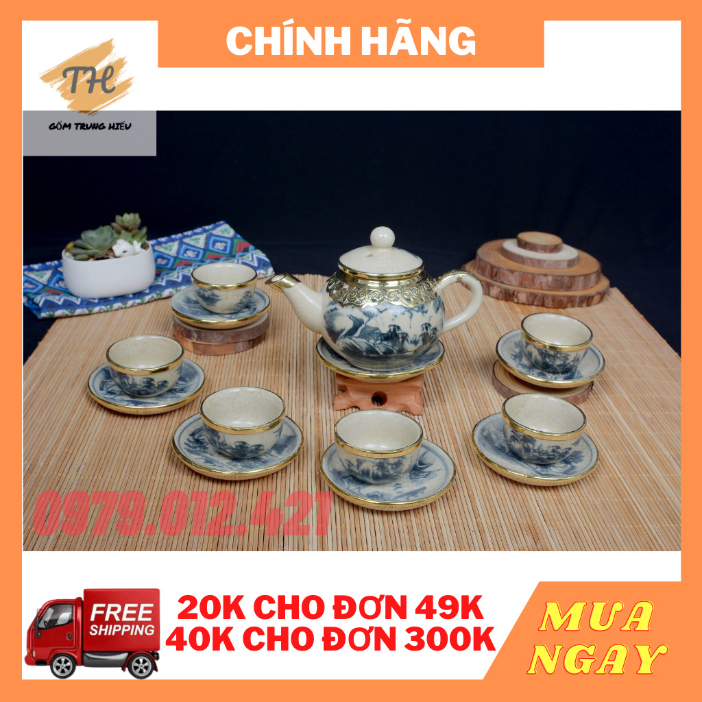 Bộ ấm chén Bát Tràng bọc đồng men rạn giả cổ quả hồng