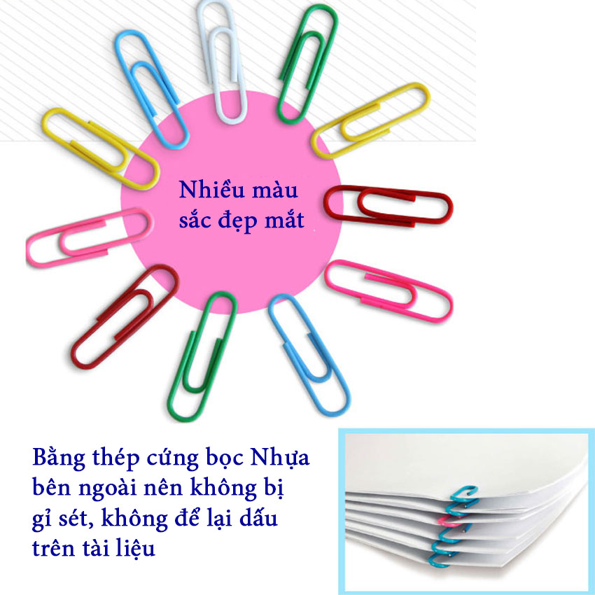 Kẹp giấy nhiều màu sắc bền đẹp NASI bọc nhựa bên ngoài chống gỉ sét không để lại dấu trên tài liệu ghim giấy để kẹp tài liệu giấy a4 bằng thép cứng