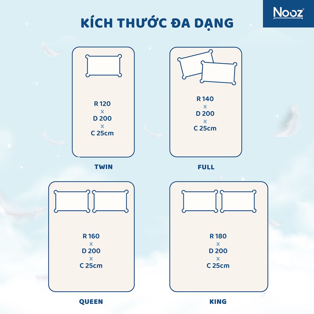 Nệm Foam Comfy 25cm NOOZ Home Goods Mattress Tiêu Chuẩn CertiPUR-US Ruột Đệm Cao Su Non Hỗ Trợ Nâng Đỡ Vỏ Đệm Tencel