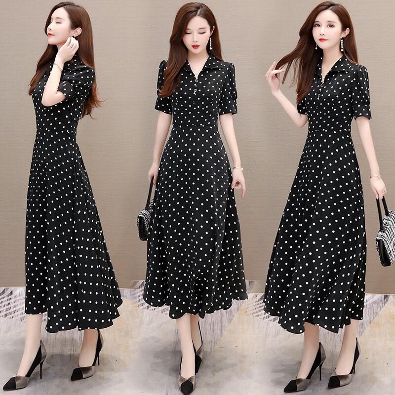 Đầm xòe châm bi tay lỡ cổ sơ mi QC265303