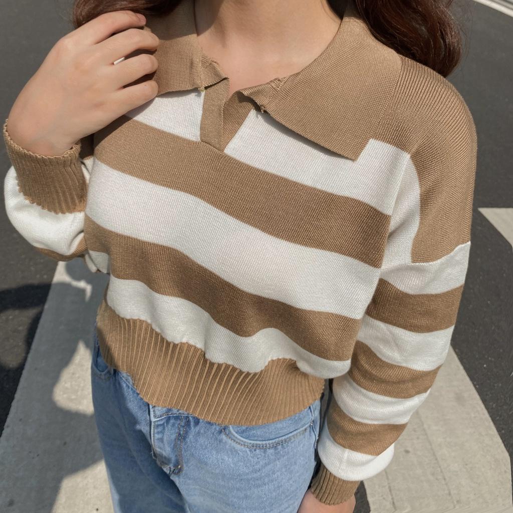 Áo len dài tay cổ polo kẻ ngang, dáng ngắn ulzzang - Made by Fiin (có video cận chất)