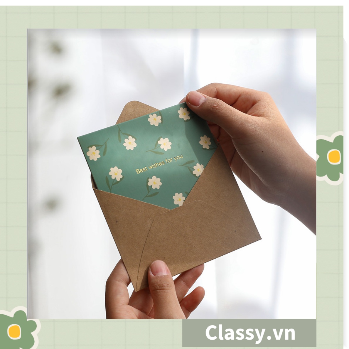 Thiệp Cổ điển Vintage in họa tiết hoa nhí giấy art sang trọng kèm phong bì giấy kraft nâu Q724