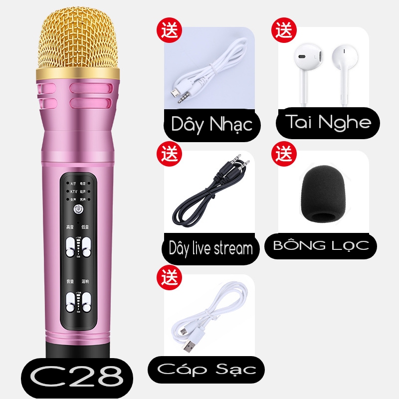 Mic C28 đẳng cấp live stream thu âm đa năng giả giọng đầy đủ phụ kiện tai phone