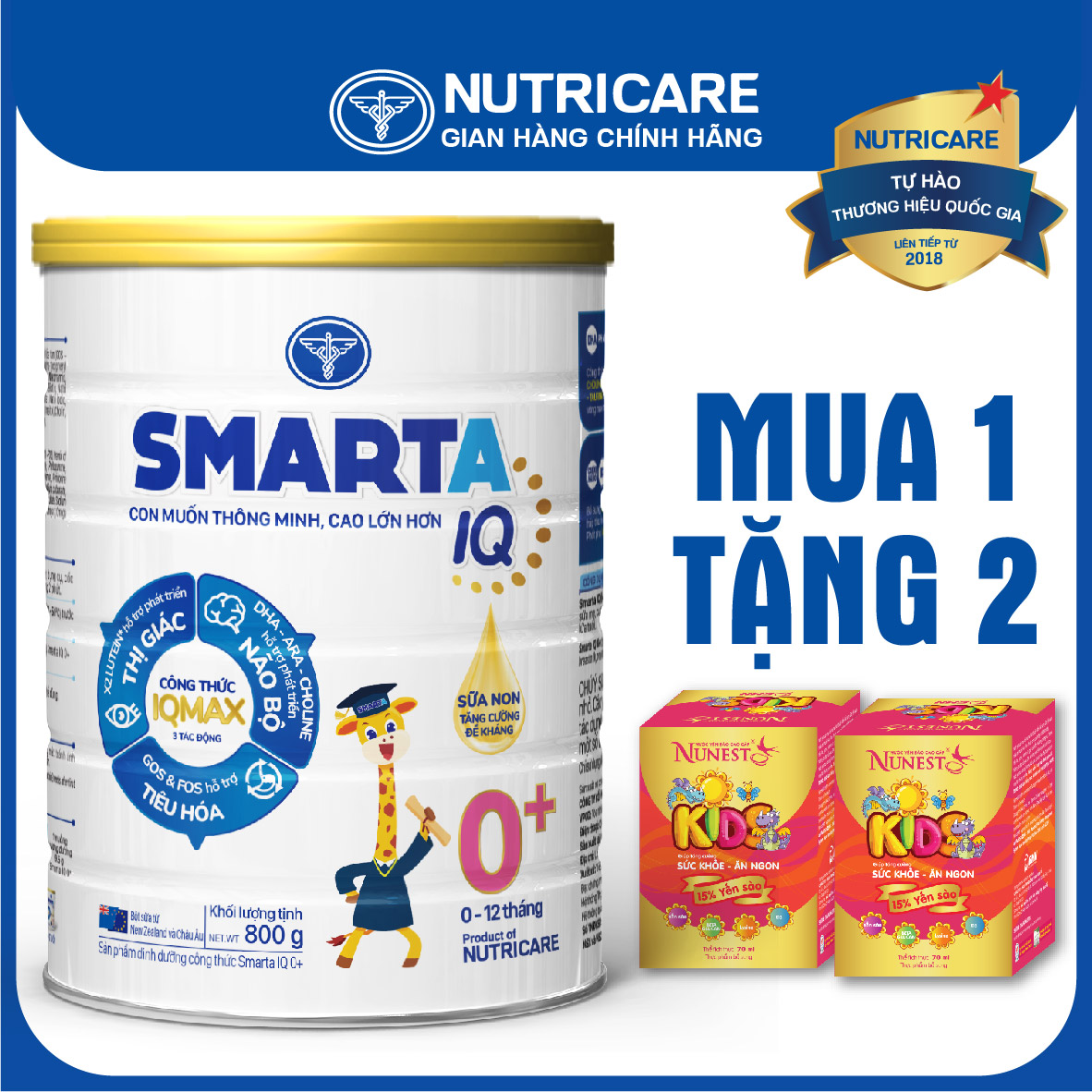 [Tặng 2 lọ yến] Sữa bột Nutricare Smarta IQ 0+ giúp trẻ phát triển trí não 800g