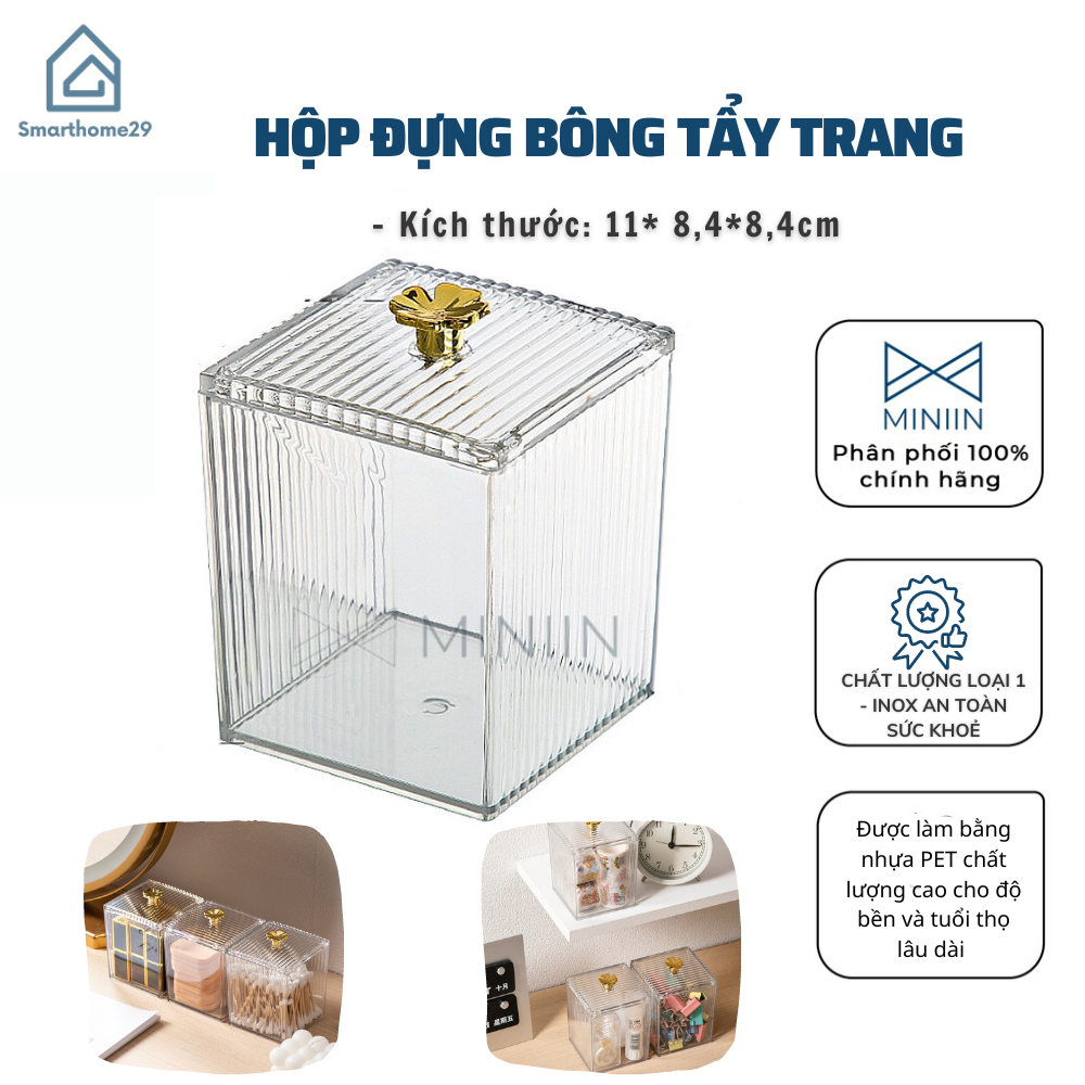 Hộp Đựng Bông Tẩy Trang,Tăm Bông,Hộp Đựng Đồ Nhỏ Trong Suốt, Có Nắp Chống Bụi Bẩn 1 Ngăn Cao Cấp - HÀNG CHÍNH HÃNG MINIIN