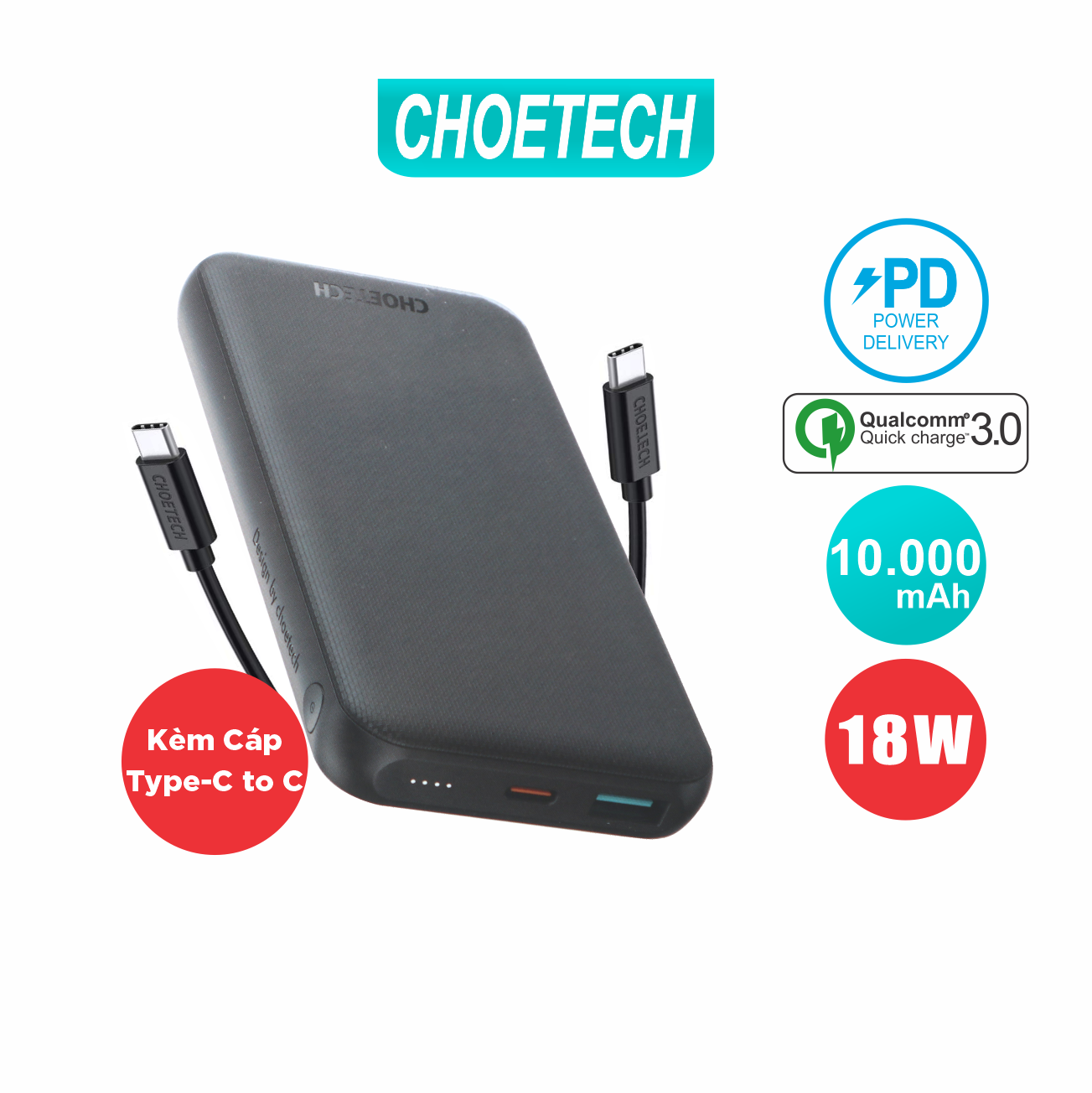 Pin Sạc Dự Phòng 10000mAh In/Out Type C PD 18W, QC 3.0 18W CHOETECH B627 Kèm Cáp Type C to C 30W - Hàng Chính Hãng