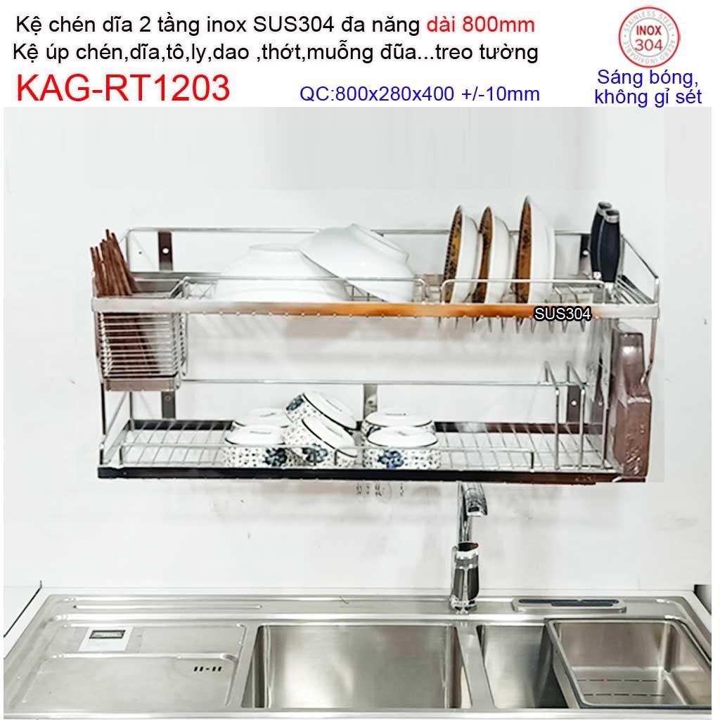 Kệ úp chén dĩa 2 tầng 80cm đa năng inox 304, kệ chén dĩa 2 tầng inox KAG-RT1203