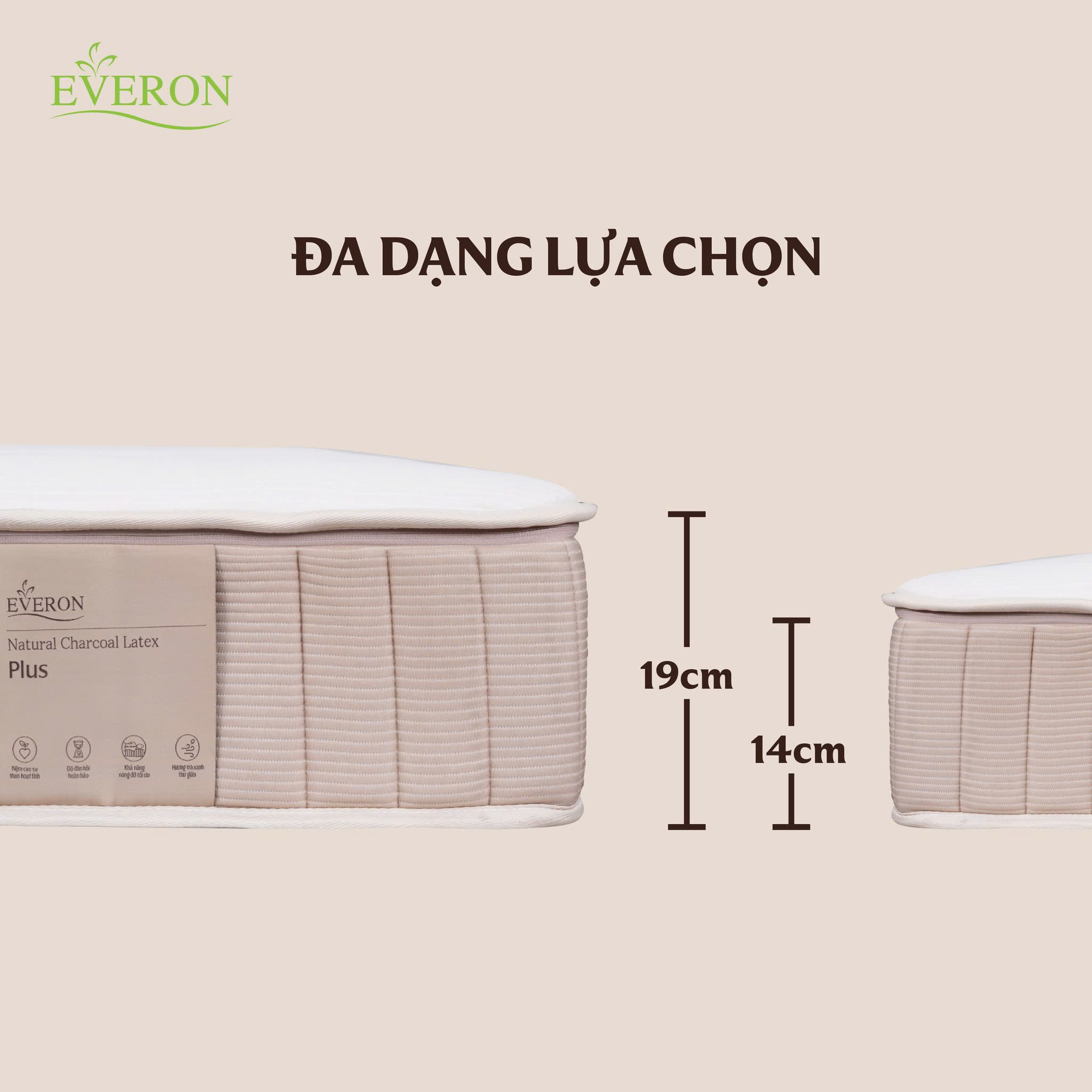 Nệm cao su Natural Charcoal Latex Plus, chính Hãng  Êm Ái , Bảo hành 15 năm