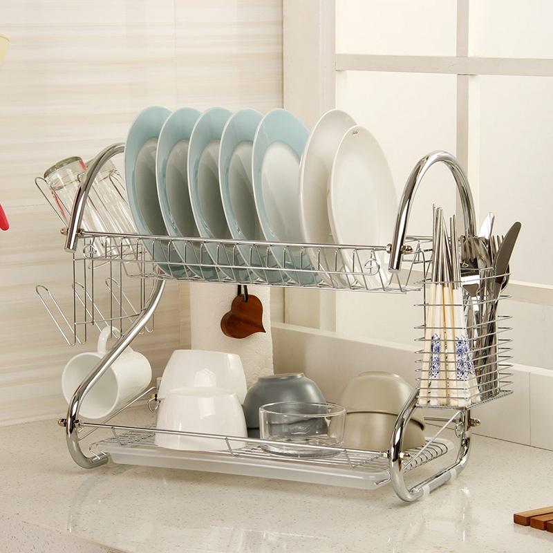 Kệ giá úp bát và đĩa 2 tầng di động chất liệu inox có khay hứng nước