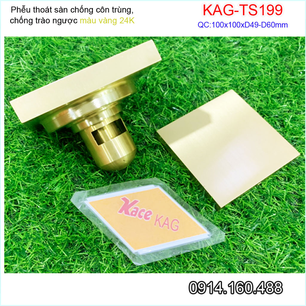 Thoát sàn vàng 24K KAG-TS199 vuông 10x10cm ống D49-60-90, thoát sàn chống hôi phễu thu nước mặt vàng óng ánh thiết kế sang trọng sử dụng tốt