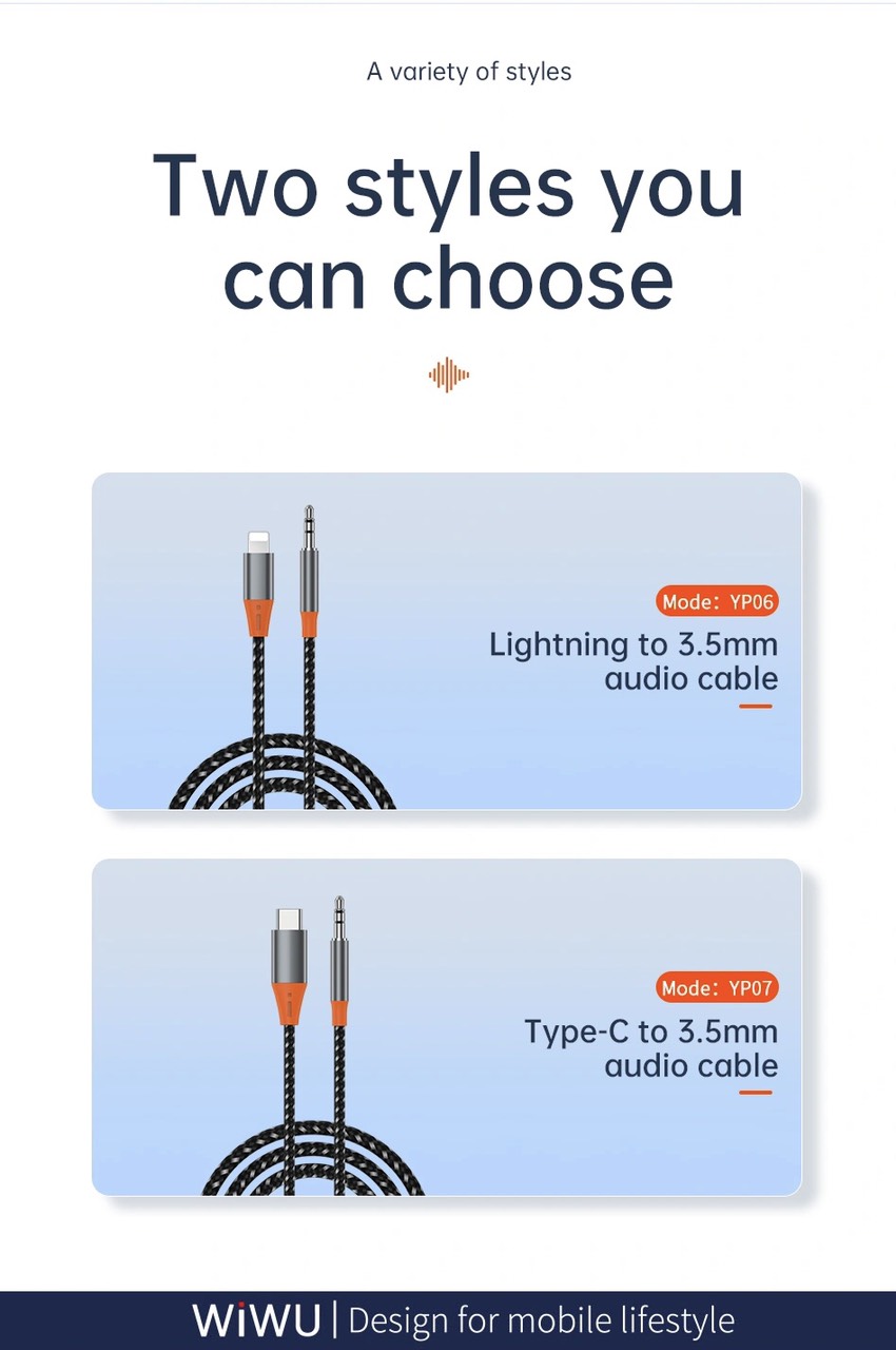 Cáp âm thanh Wiwu Lighning to 3.5mm Cable YP06 tương thích rộng rãi với các thiết bị giao diện 3.5mm như xe hơi, tai nghe chống uốn cong, chống oxy hóa - Hàng chính hãng