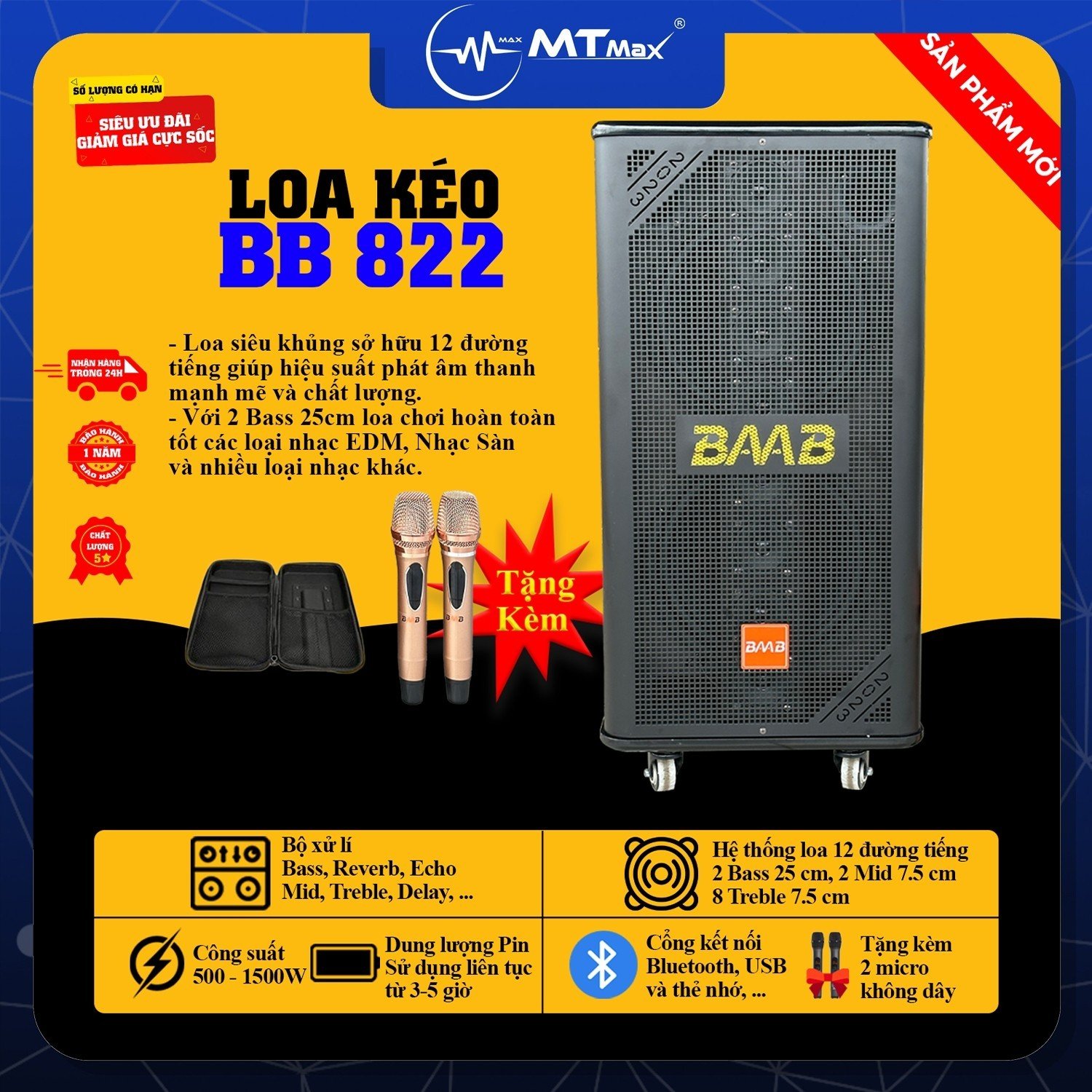 Loa Kéo Karaoke BB822 - 12 Đường Tiếng, Công Suất Lớn Lên Đến 1500W, Âm Bass 25Cm Bao Mạnh, Bao Chiến, Phù Hợp Với Nhiều Loại Nhạc. Hàng Chính Hãng