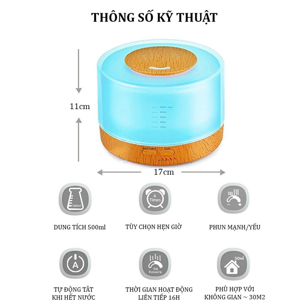 Máy Xông Tinh Dầu Khuếch Tán Phun Sương Trụ Vân Gỗ Bù Ẩm Phòng Điều Hoà Có Chế Độ Tự Ngắt Khi Hết Nước Có Đèn Led 7 Màu Phù Hợp Với Phòng 30m