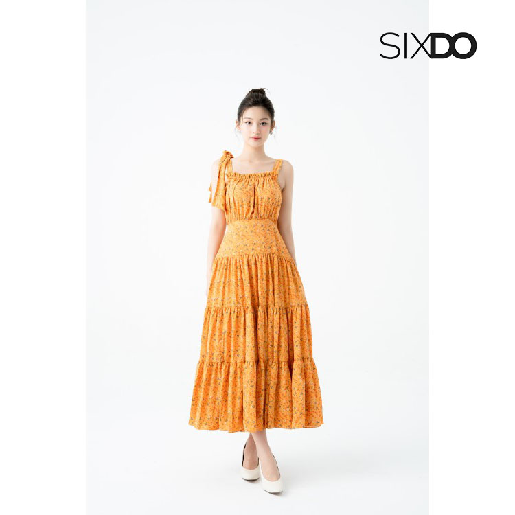 Đầm midi hoa lụa hai dây thắt nơ thời trang SIXDO