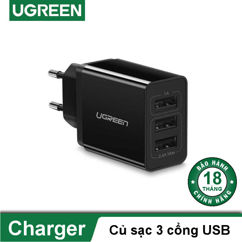 Cốc ( củ ) sạc 3 cổng USB đa năng chân EU UGREEN ED013 - Hàng nhập khẩu chính hãng