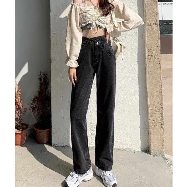 Quần Jeans Ống Rộng Xanh - Quần Ống Rộng Nữ Dáng Suông 1 Cúc Cạp Chéo Ulzzang