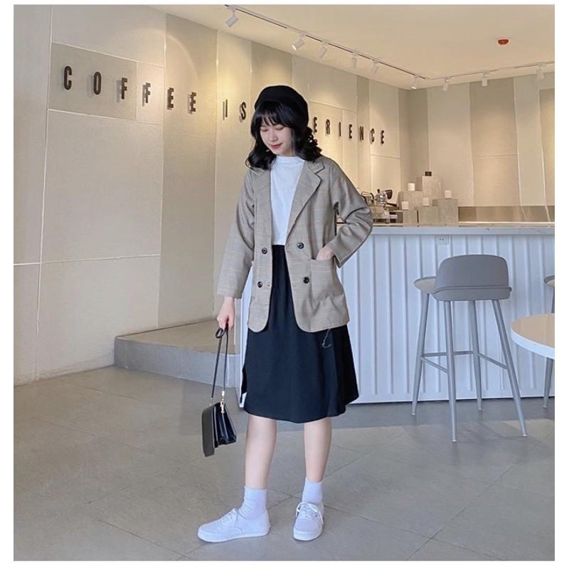 Áo Blazer kẻ nâu tây 4 cúc freesize (VIDEO ẢNH THẬT)