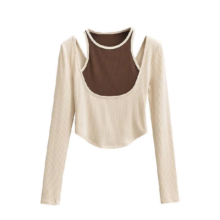 Áo thun croptop nữ tay dài khoét hở vai phối màu cá tính chất thun gân tăm dày dặn- AO063