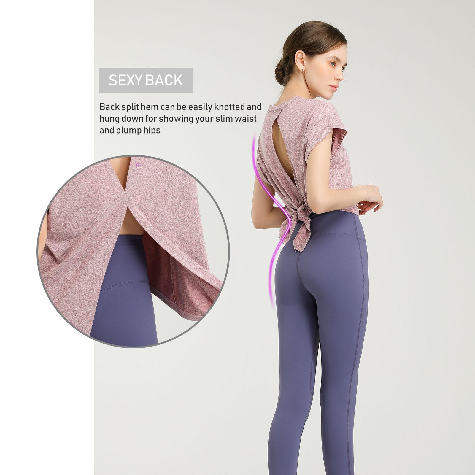 Áo thun thể thao nữ xẻ lưng giúp tôn dáng, tay ngắn, nhanh khô, dùng trong yoga, gym