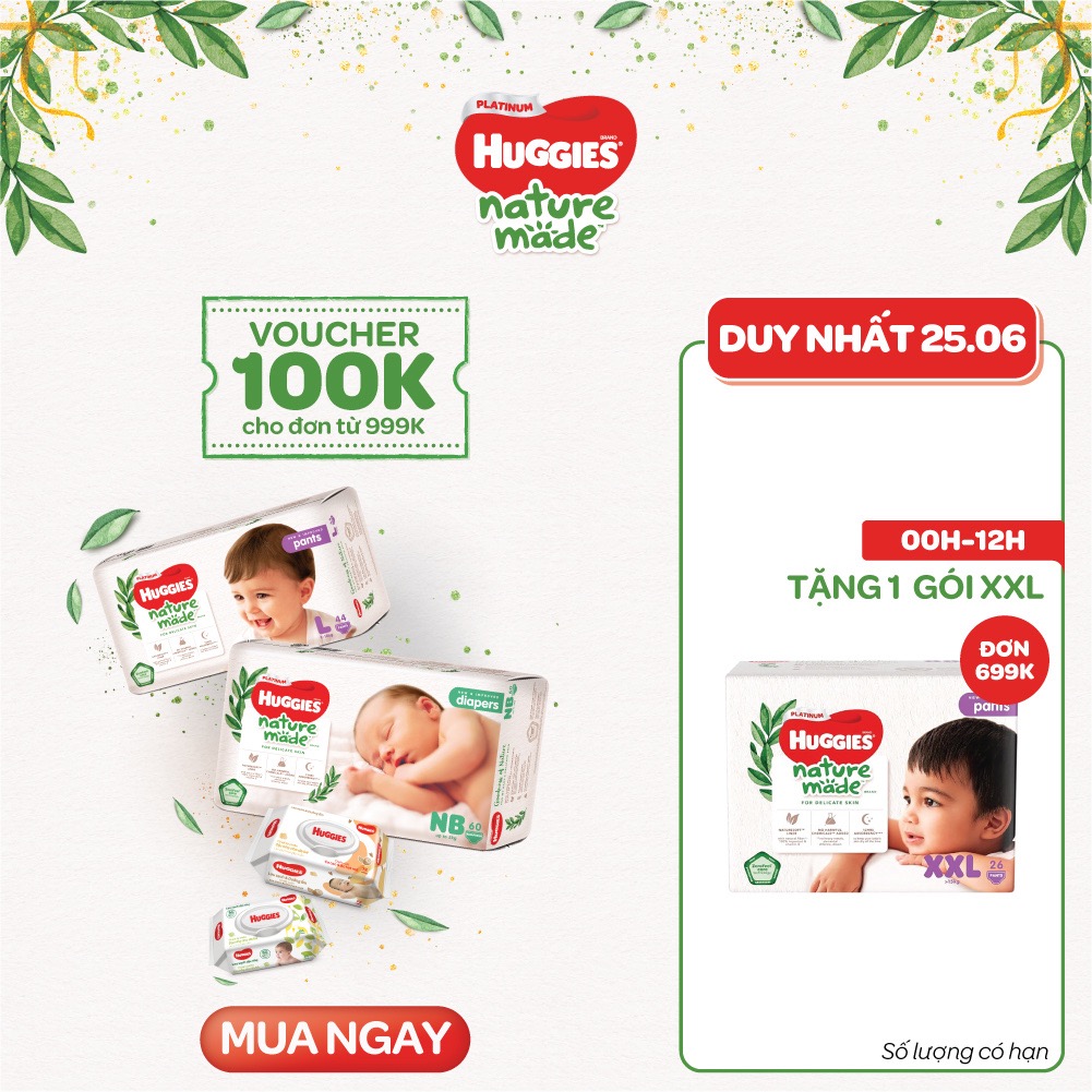 (GIAO NHANH 2H) Tã/bỉm dán cao cấp Huggies Nature Made đủ size NB60/S82/M64/L54