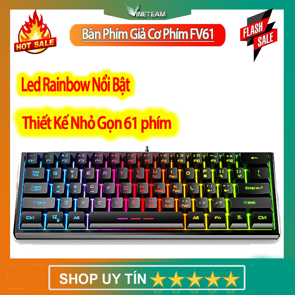 VINETTEAM Bàn Phím Chơi Game Mini 61 Phím Nhỏ Gọn Led Rainbow Đổi Màu Với 3 Chế Độ Led - Hàng Chính Hãng