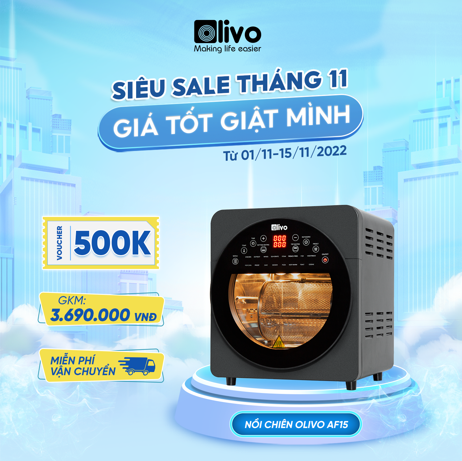 Nồi Chiên Không Dầu OLIVO AF15 - 16 Chức Năng - Dung Tích 15L - Công Suất 2000W - Thương Hiệu Mỹ - Hàng Chính Hãng - BH 24 Tháng