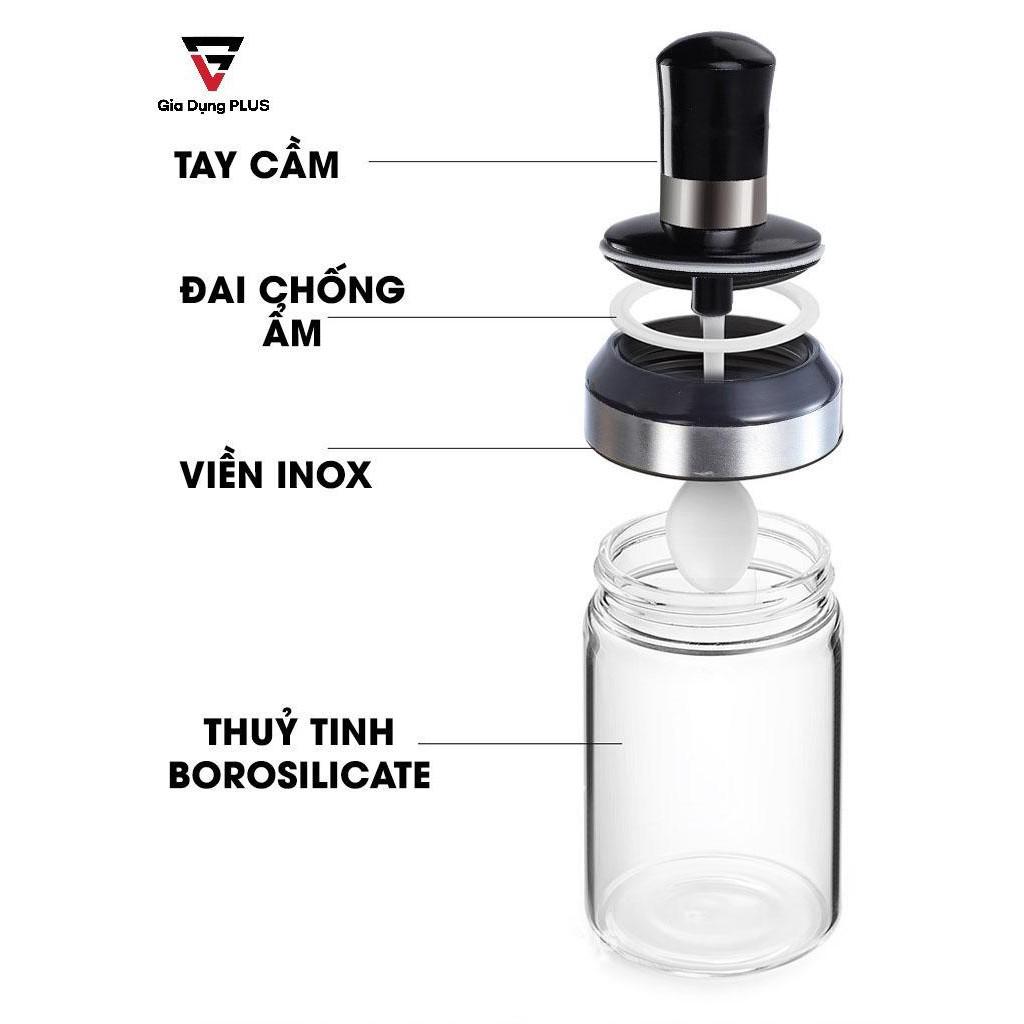 Lọ đựng gia vị thuỷ tinh borosilicate muỗng liền nắp thông minh có viền inox 304 (220ml &amp; 350ml) - VIMORA