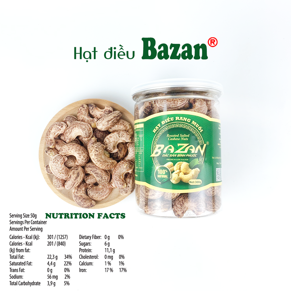 Hạt điều rang muối Bazan Bình Phước nguyên hạt dinh dưỡng A+ loại 1 hộp 300g nắp bật còn vỏ lụa