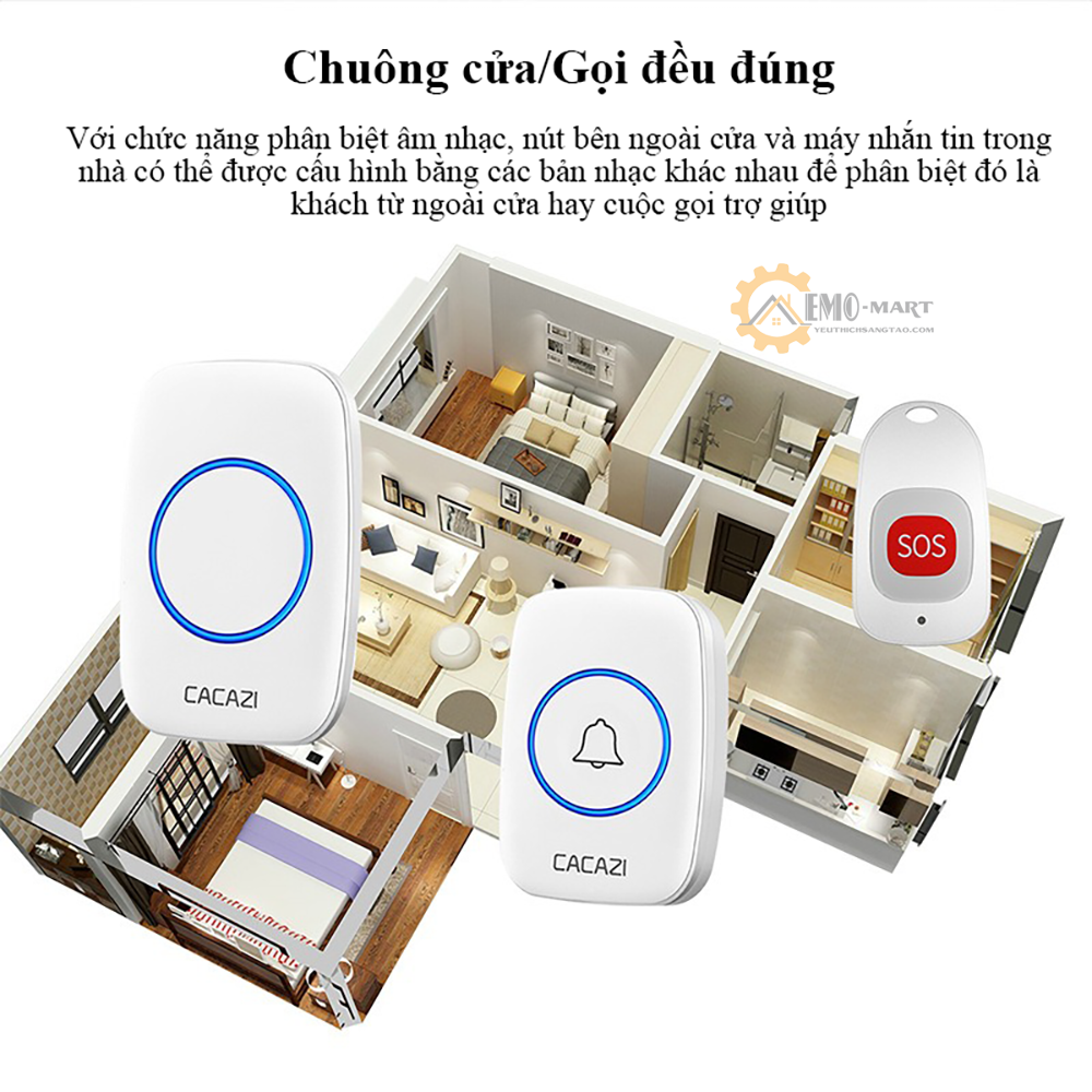 Chuông không dây Cacazi SOS, Chuyên dụng cho người già, bệnh nhân, người cần chăm sóc đặc biệt...