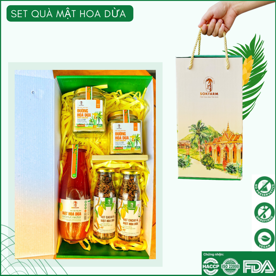 Hộp quà - Mật hoa dừa cô đặc, Đường hoa dừa, Cacao mật hoa dừa sokfarm ( 5 sản phẩm )