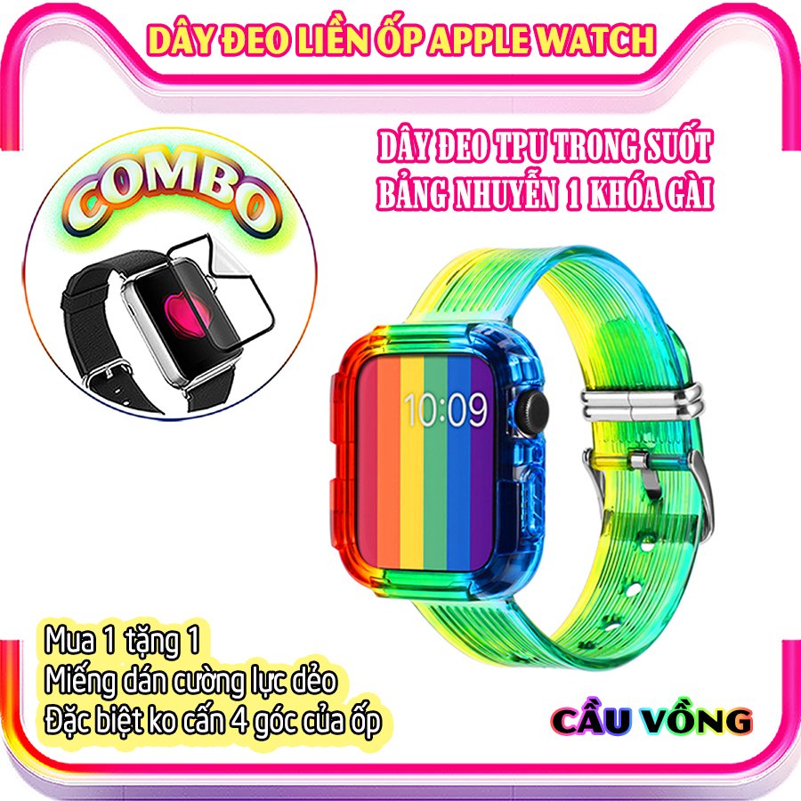 Dây Đeo liền ốp cho Apple Watch size 38/40/42/44mm TPU trong suốt nhuyễn 1 khóa gài_Cầu Vồng (tặng dán KCL theo size)