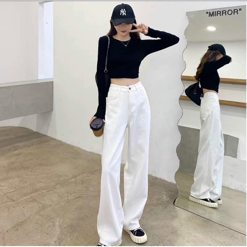 Quần jean trắng, quần bò ống suông nữ màu trắng ulzzang siêu cao Lê Huy Fashion MS 3334