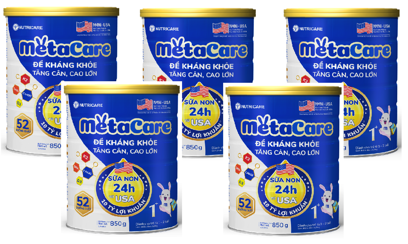 Combo 5 lon Sữa bột Nutricare MetaCare 1+ lon 850g - Đề kháng khoẻ, Tăng cân, Tăng cao