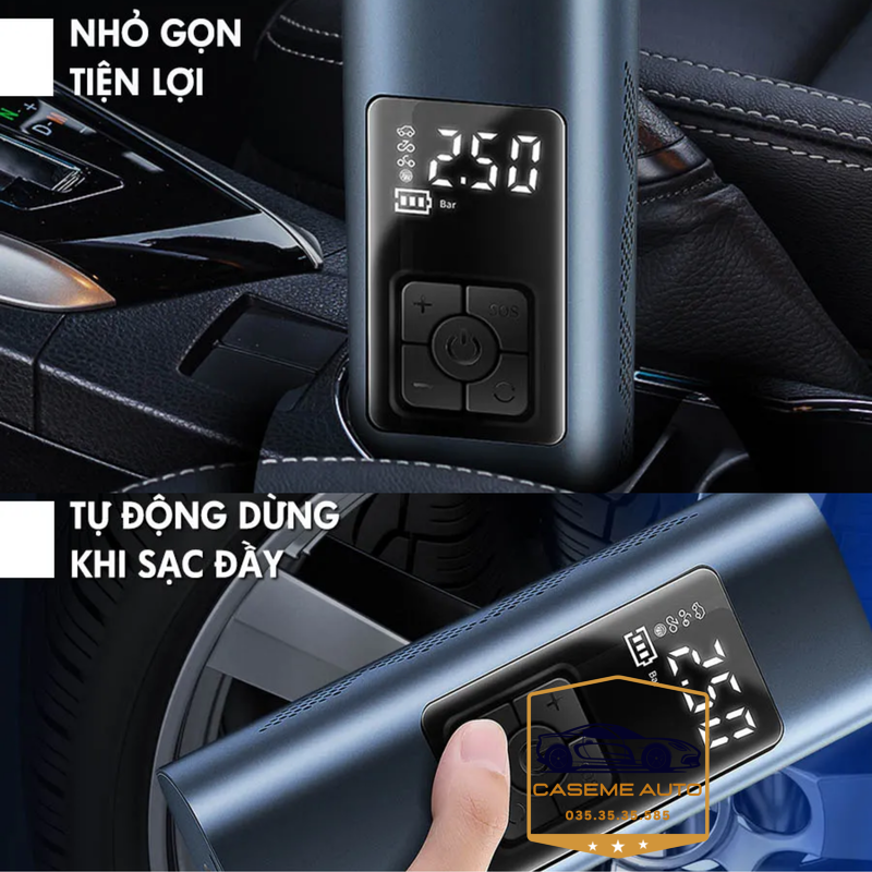 Bơm Lốp Ô Tô - Xe Máy Mini Không Dây CARSUN C3106, Pin Sạc 4000mAh, Áp Suất 150PSI, Có Đèn LED Chiếu Sáng, Đèn Cảnh Báo, Kiêm Sạc Dự Phòng Cao Cấp