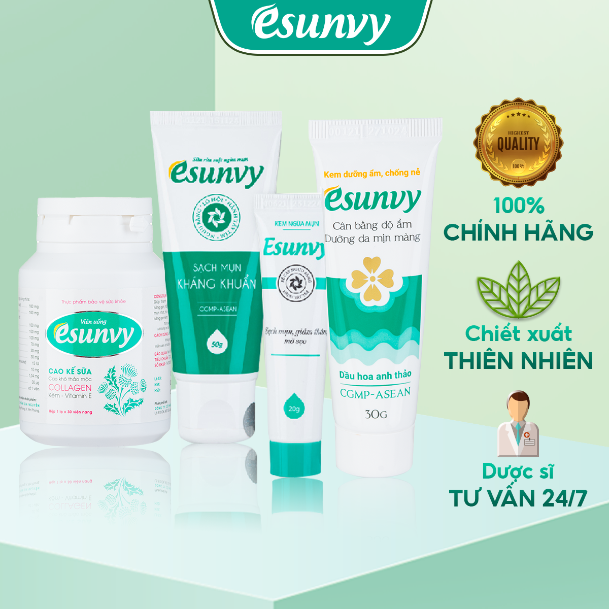 Bộ Chăm Sóc Da Mụn Esunvy Với 4 Bước Cơ Bản  - Giúp Sạch Mụn, Hết Thâm, Mờ Sẹo, Lành Tính, Hiệu Quả CSDMCB