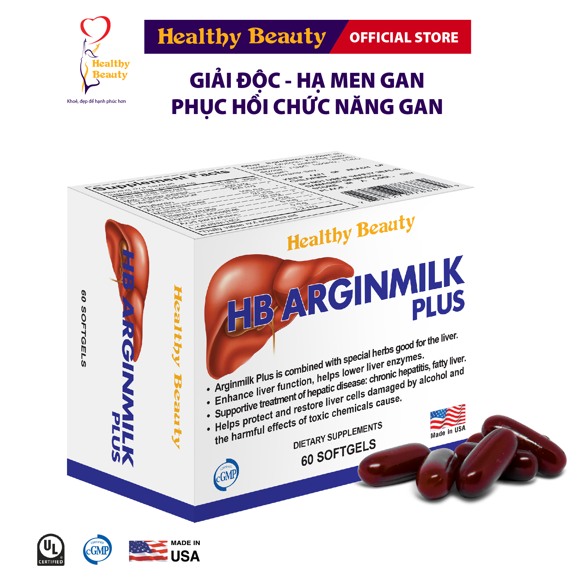 Viên Uống HB Arginmilk Plus Healthy Beauty - giúp Hạ Men Gan Và Tăng Cường Chức Năng Gan, 60 viên/ hộp.