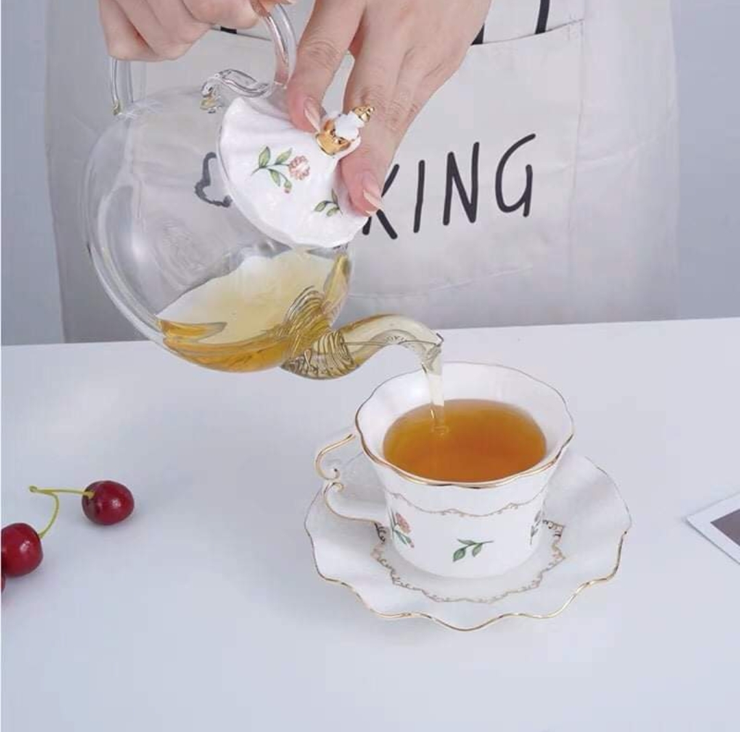 Bộ bình trà hoa hồng tím kèm khay và bếp trâm trà viền vàng sang trọng